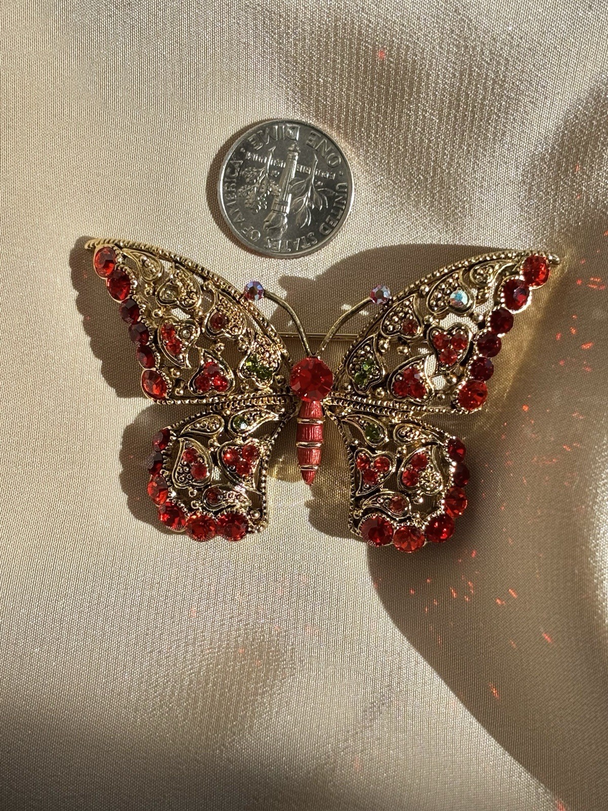 Vintage Gold Tone Red Rhinestone Butterfly Brooch In Great Condition