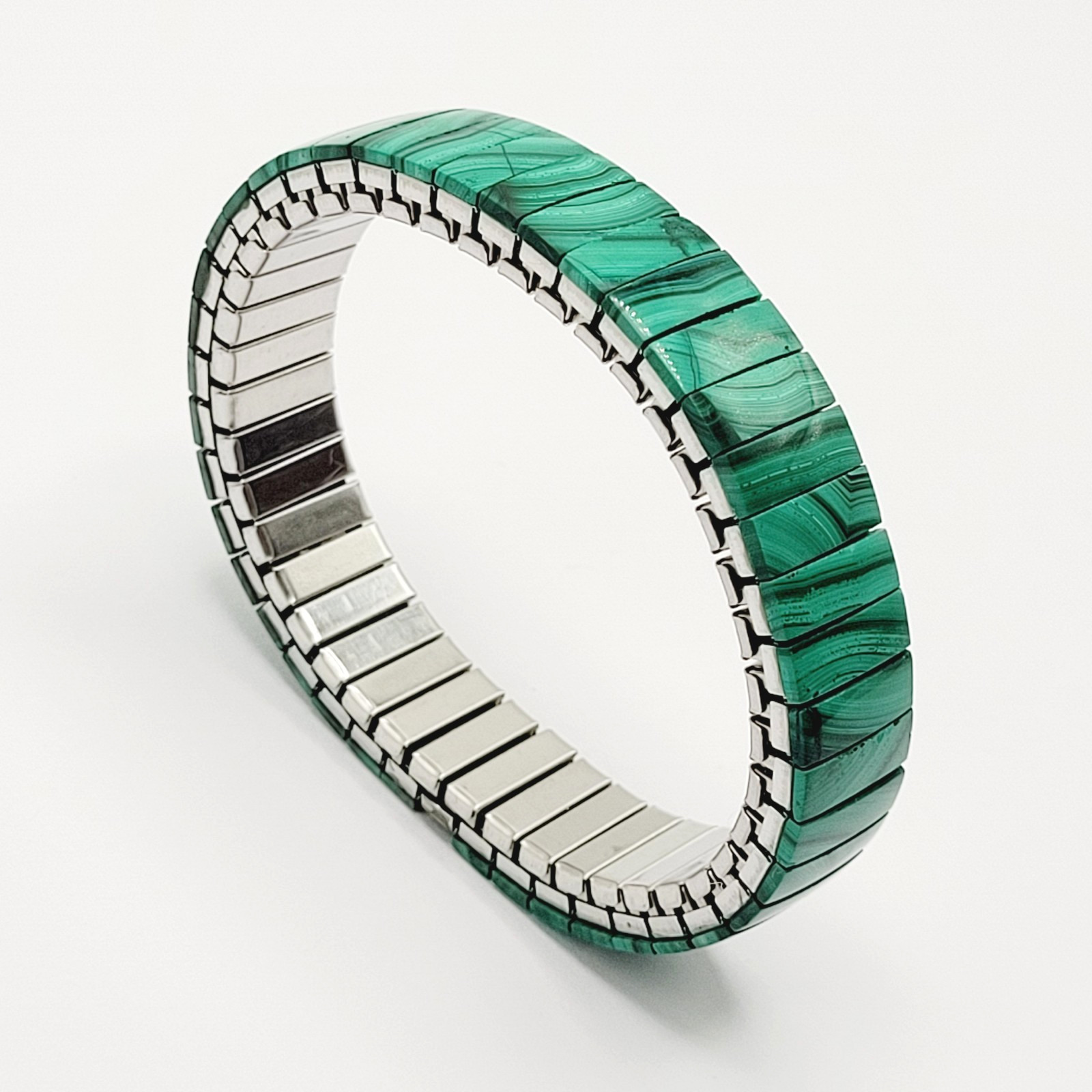 Malachite Stone Green Veneer Panel Stainless Steel Expanding Vintage Bracelet
