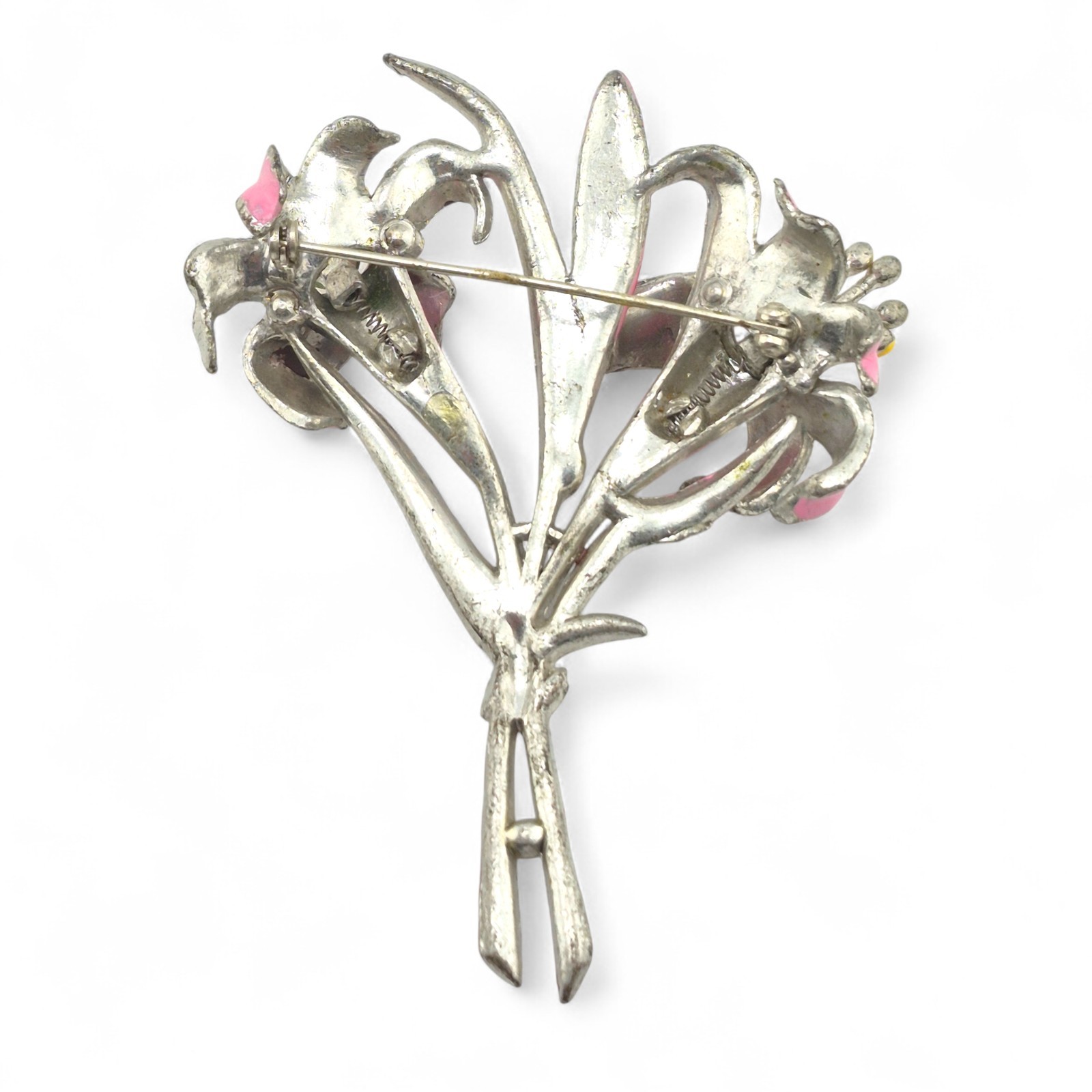 Vintage Coro Trembler Brooch Pink Lily Flower Enamel & Rhinestone Unsigned 3.3in