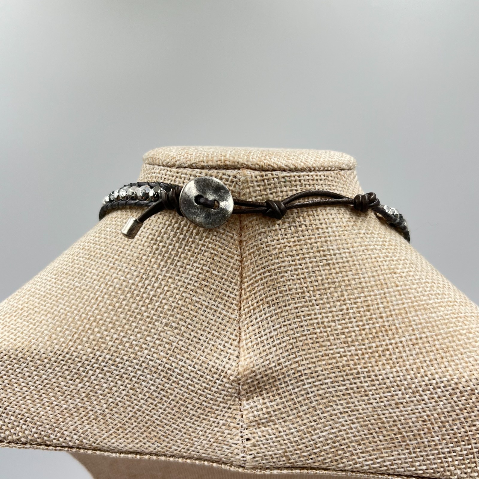 Vintage Boho Silver Mixed Bead Brown Leather Wrap Necklace Bracelet Adjustable
