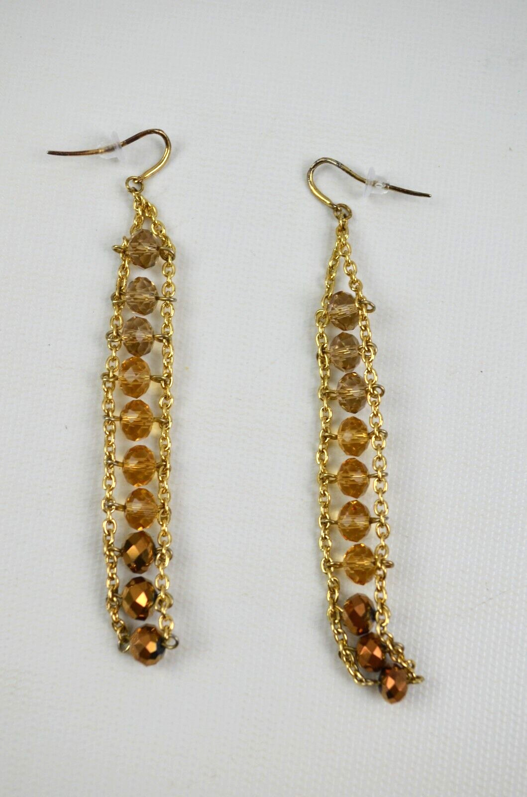 Gold Tone Dangle Pierced Hook Earrings Row of Gold Color Faceted Beads 4.5″