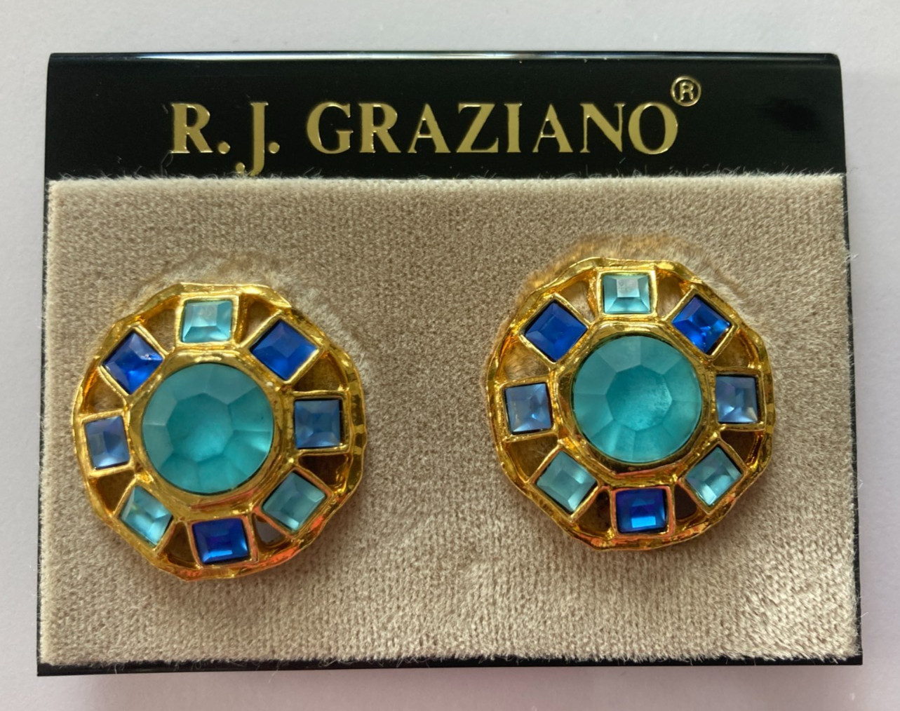 R.J. Graziano Clip on Earrings Blue Stones in Gold Color Setting