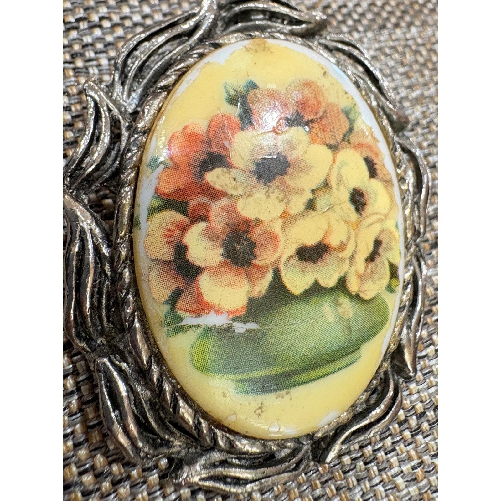 Vintage Floral Bouquet Oval Brooch Pendant Silver Tone Ornate Frame Victorian