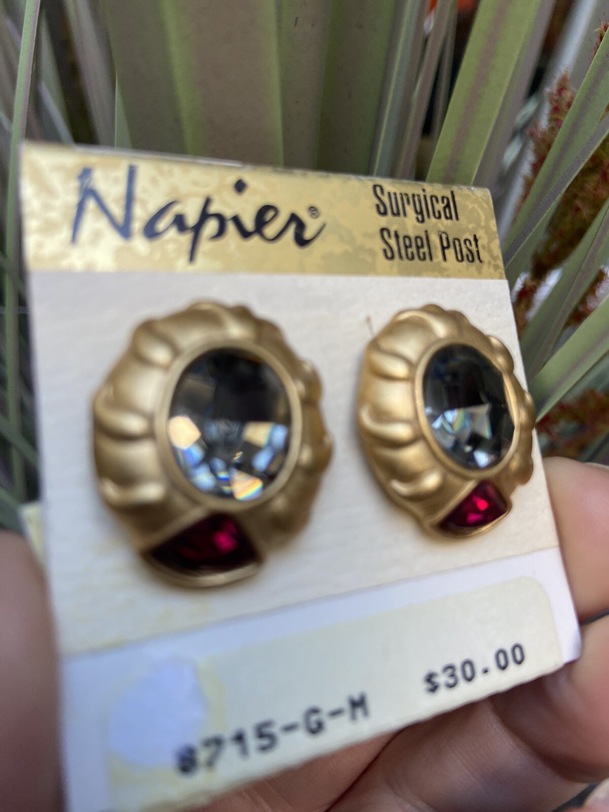 Vintage NAPIER Ruby Smokey Topaz Faceted Crystals Earrings Brushed Gold Art Deco