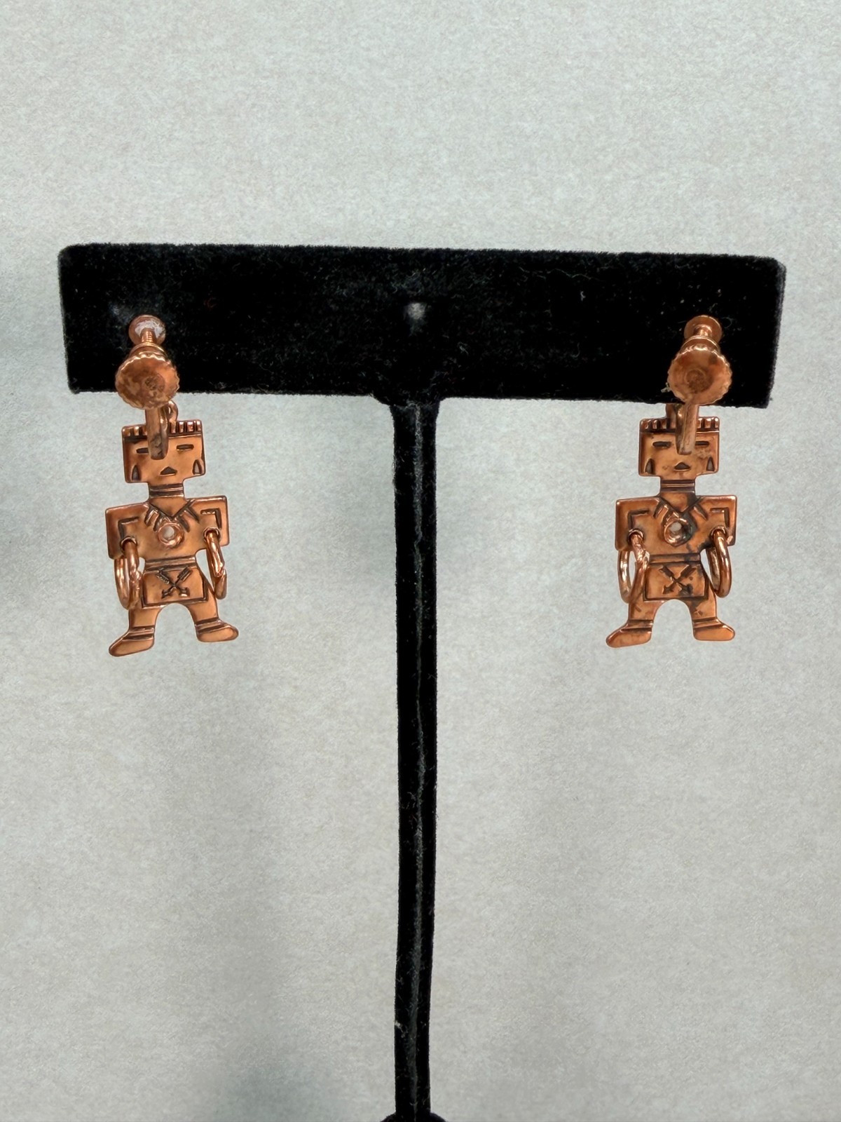 Vintage Copper Native American Kachina Figure Dangle Screw Back Earrings