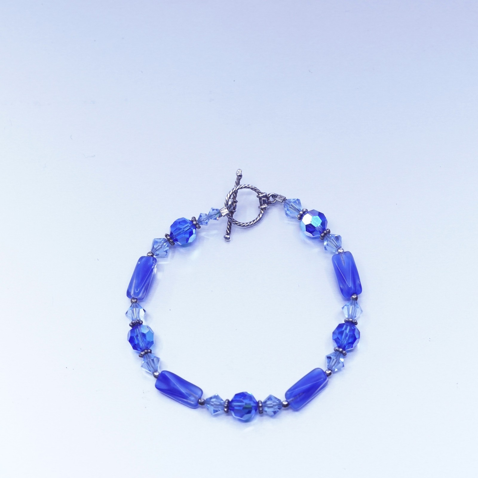 7”, vintage Sterling 925 silver bracelet with blue crystal beads toggle closure