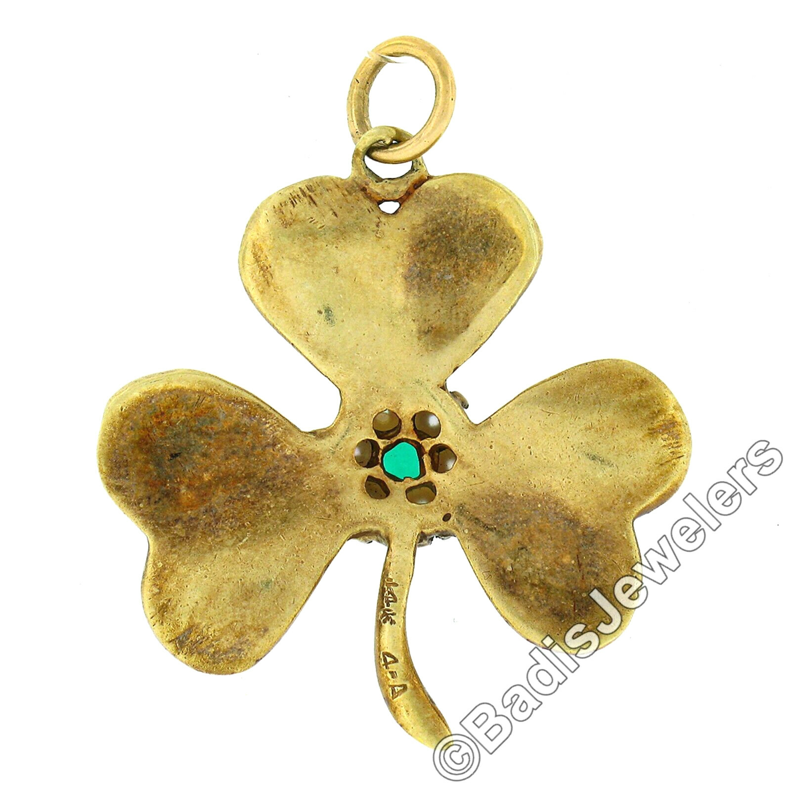 Antique 14k Gold Emerald Pearl Vivid Green Enamel Textured Clover Charm Pendant