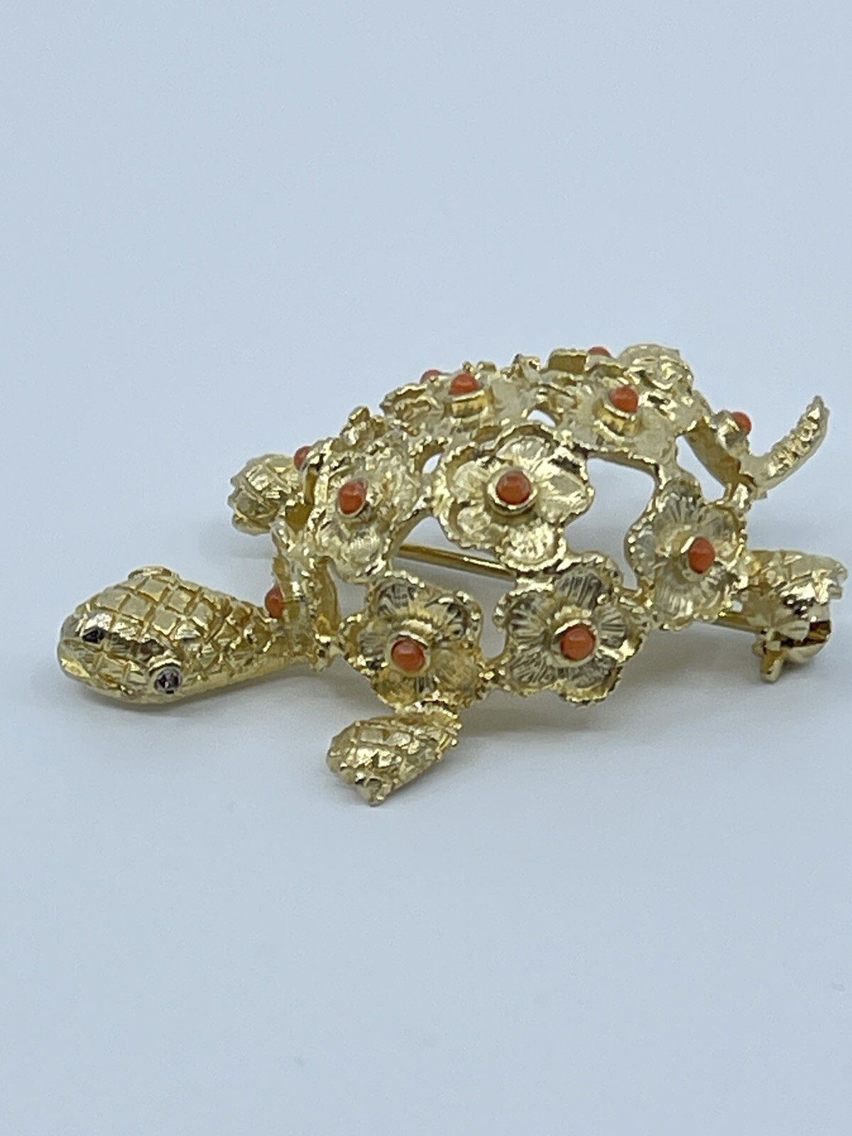 Vintage Brooch Pin De Nicola turtle faux coral and green rhinestone 1-3/4″