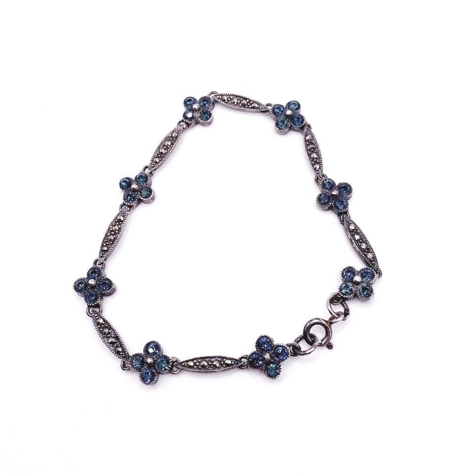 Vntg Sterling Silver With Blue Crystal and Marcasite Flowers Bracelet