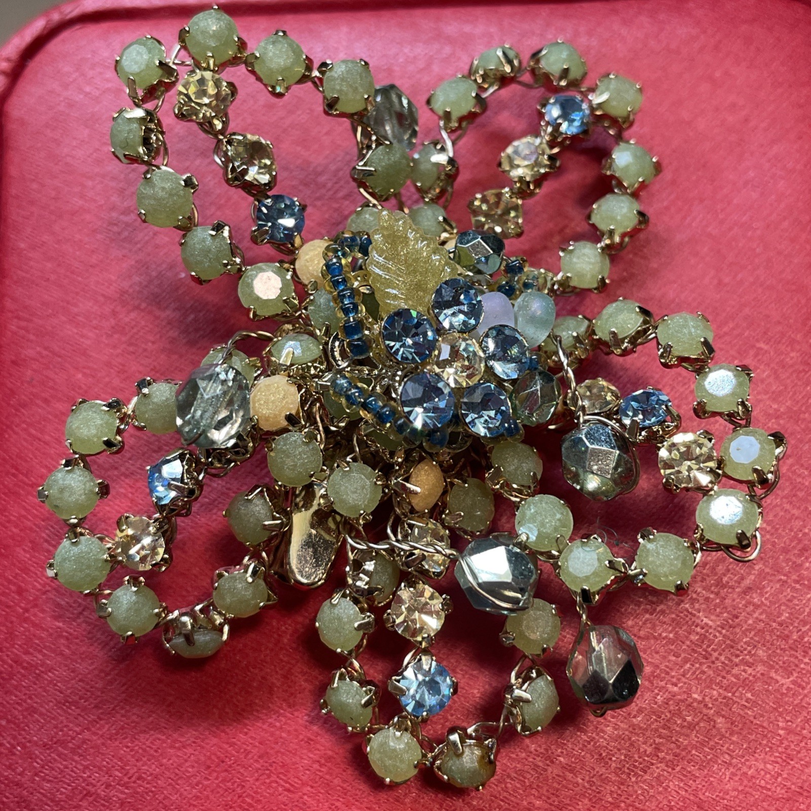 Vtg Tiara Misu Polychrome Flower Brooch Hair Clip Pin Green Rhinestones