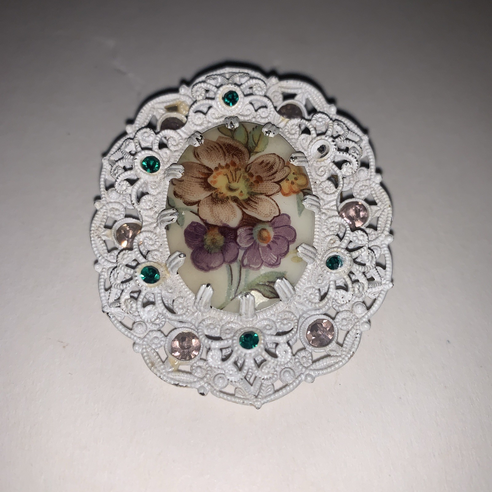 Vintage Hand Painted Brooch W Germany Purple & Green Rhinestones White Filigree