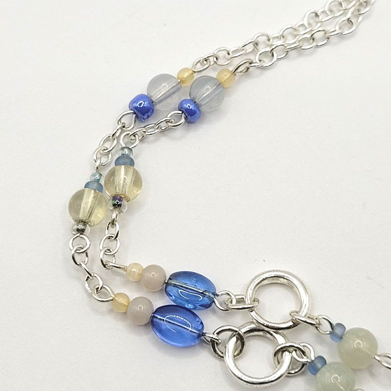 Blue & White Moonstone with Glass & Enamel Silver Tone Chain Necklace KR 24 Inch