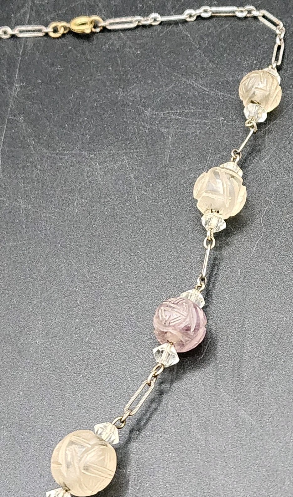 Antique Art Deco Chinese Carved Purple Amethyst Bead Necklace w/Carved Pendant