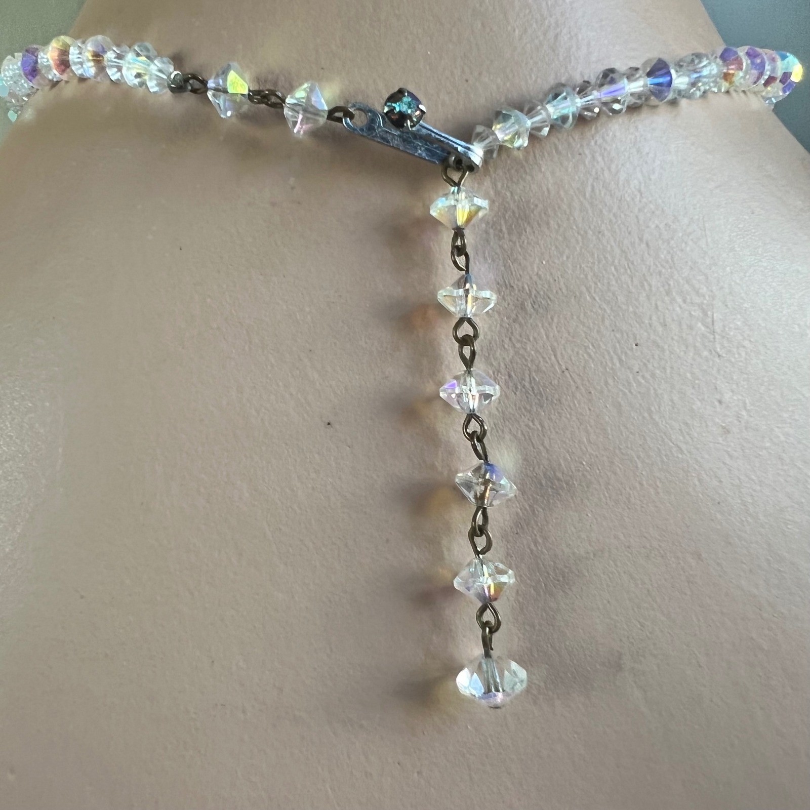 Circa 1950 Aurora Borealis AB Crystal Graduated Bicone Bead Necklace 16-18.5″