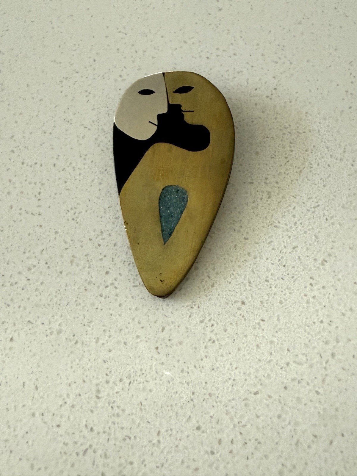 Vintage MCM Mexican Modernist Faces Mixed Metal Inlay Brooch Stella Popowski