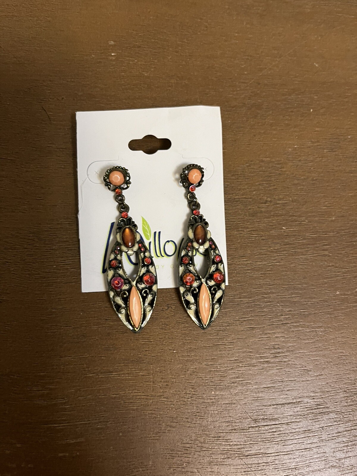 Vintage Earrings Pink Orange Red Stones Cream shimmer Gold/Bronze Hanging