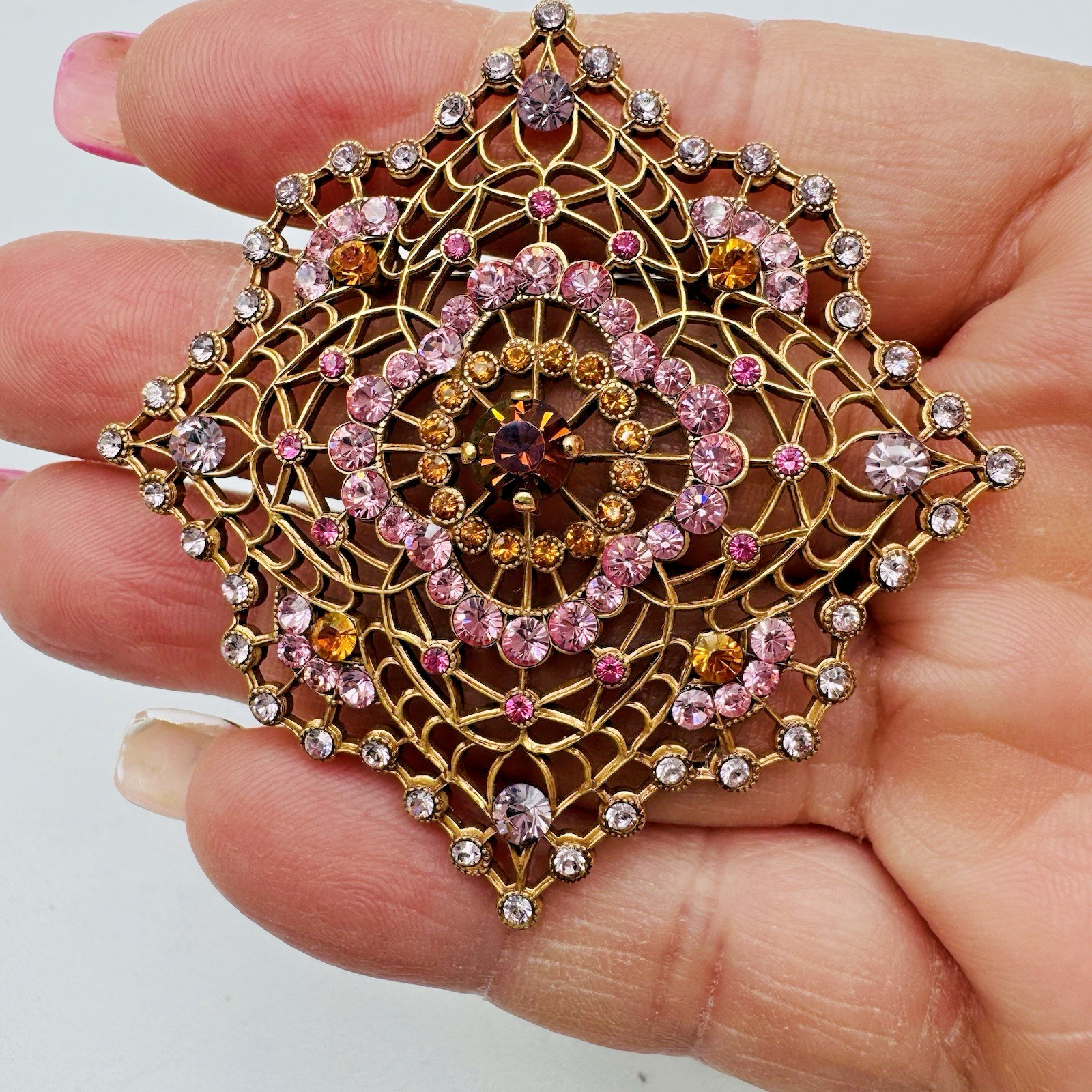 VTG Filigree Rhinestone Brooch Pink Purple Orange Victorian Revival Mandala