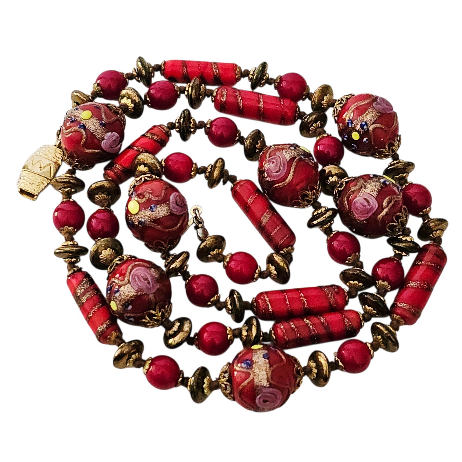Venetian Murano Red Copper Wedding Cake Bead Necklace Hand Knot Vintage 30”