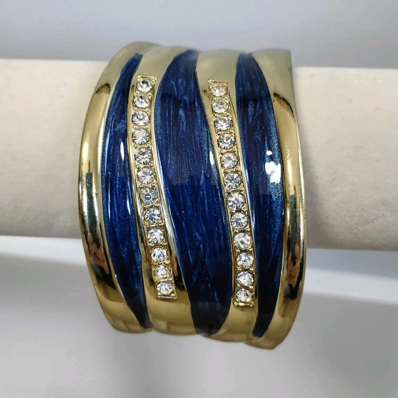 Vintage Blue Enamel Goldtone Metal Rhinestone Bangle Hinged Bracelet