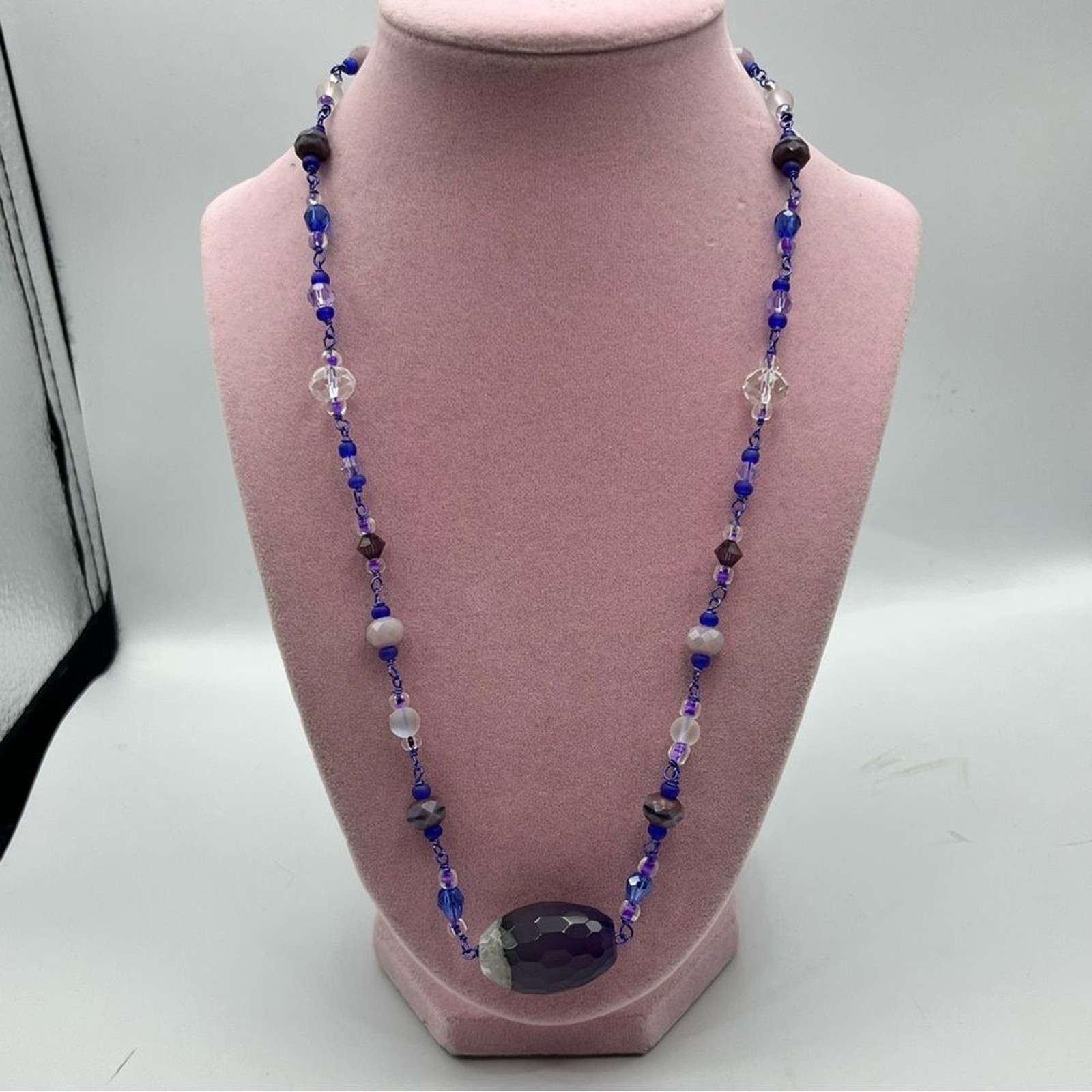 Handmade agate beaded large statement Elegant Purple and Blue Beaded Necklace