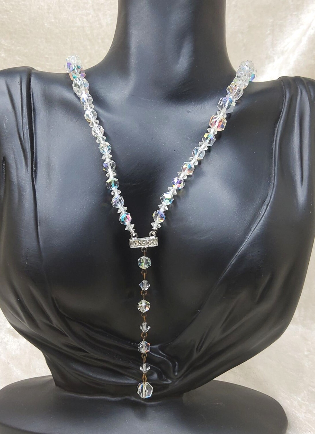 Vintage Crystal Acrylic Aurora Borealis Beaded Y Necklace With Elegant Drop