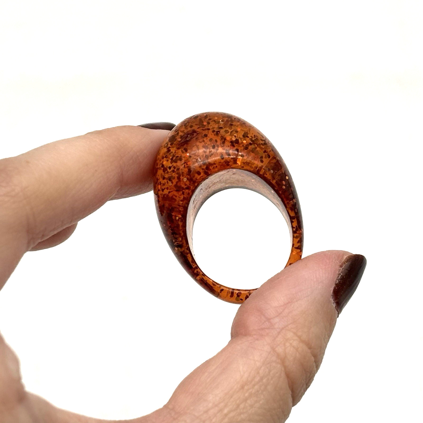 Vintage 1960s Amber Orange Acrylic Glittery Chunky Bubble Dome Ring Size 8.25