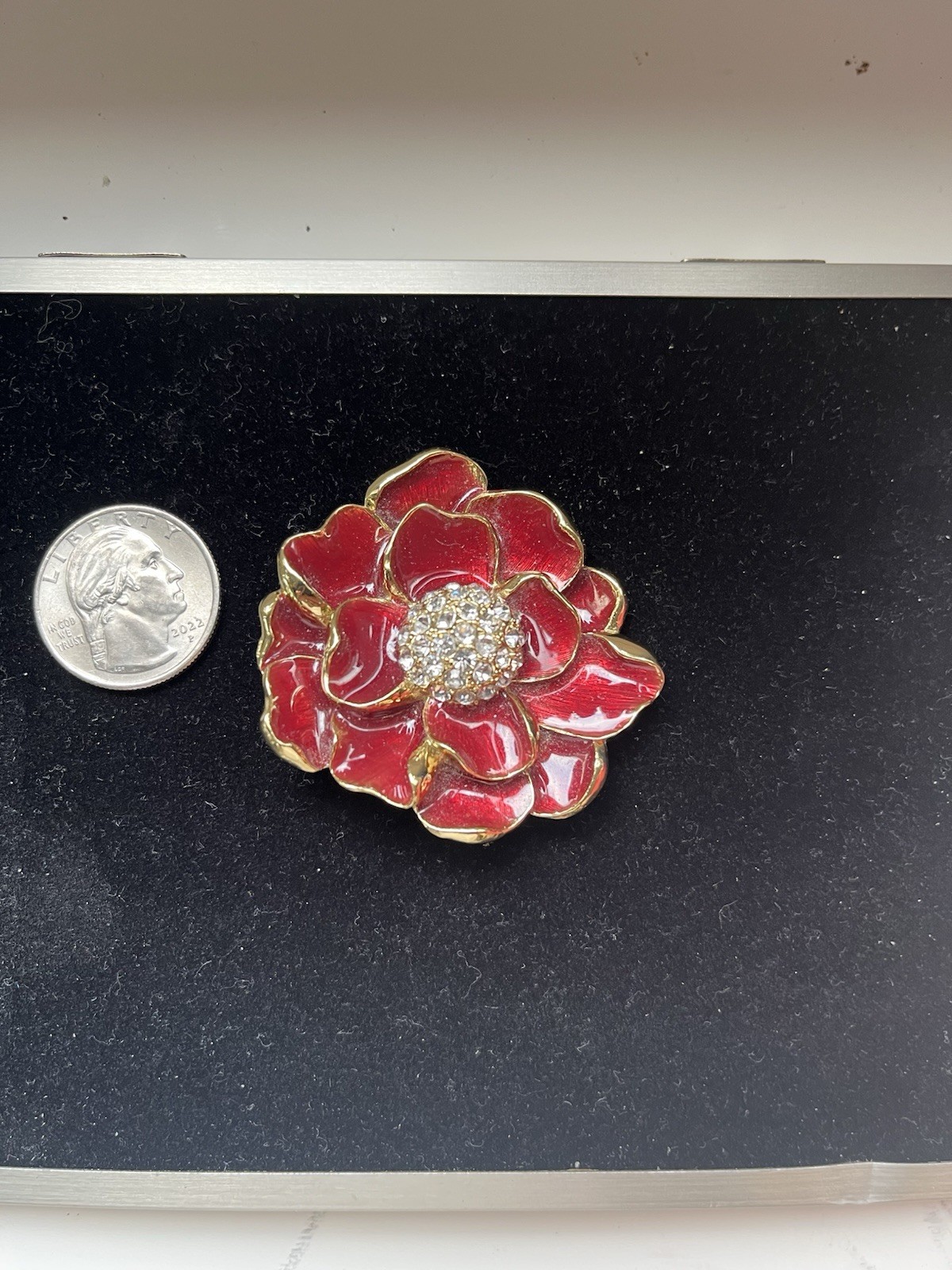 Vintage Monet Signed ENAMEL Red Poppy Flower Brooch-Pin Gold Tone & Rhinestones