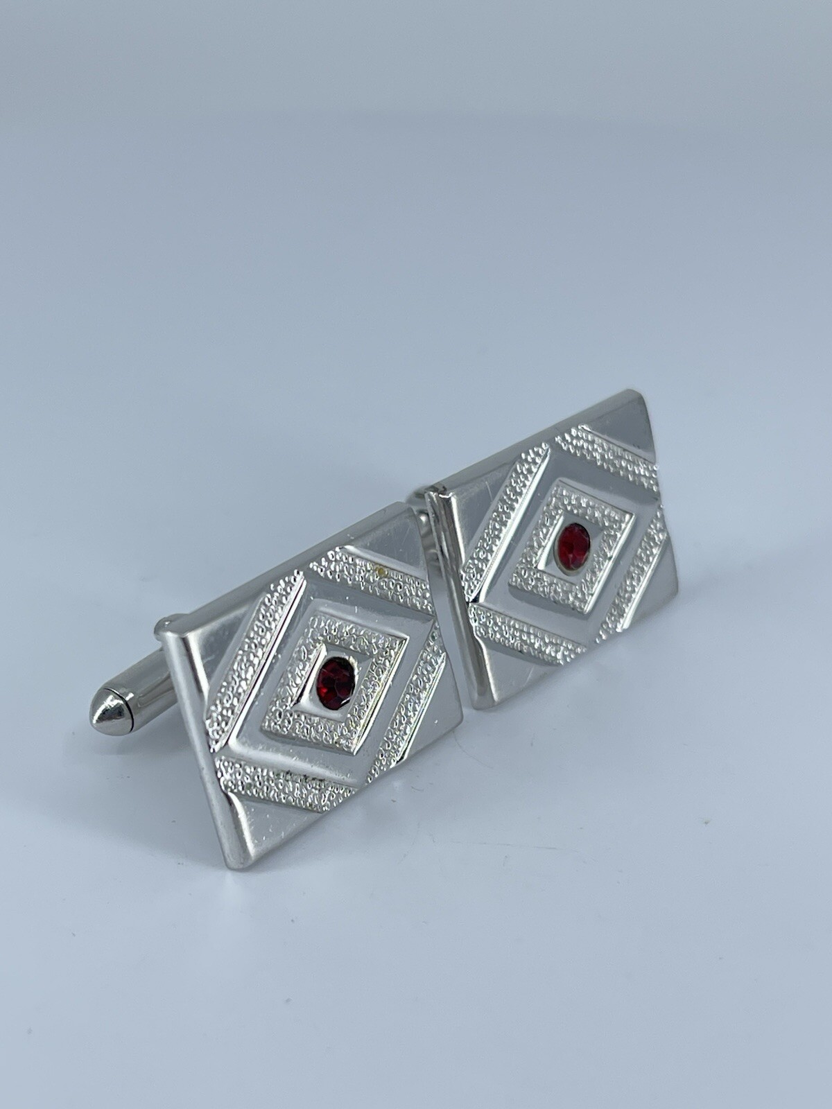 Swank rectangle cufflinks red rhinestone brushed polished silver tone