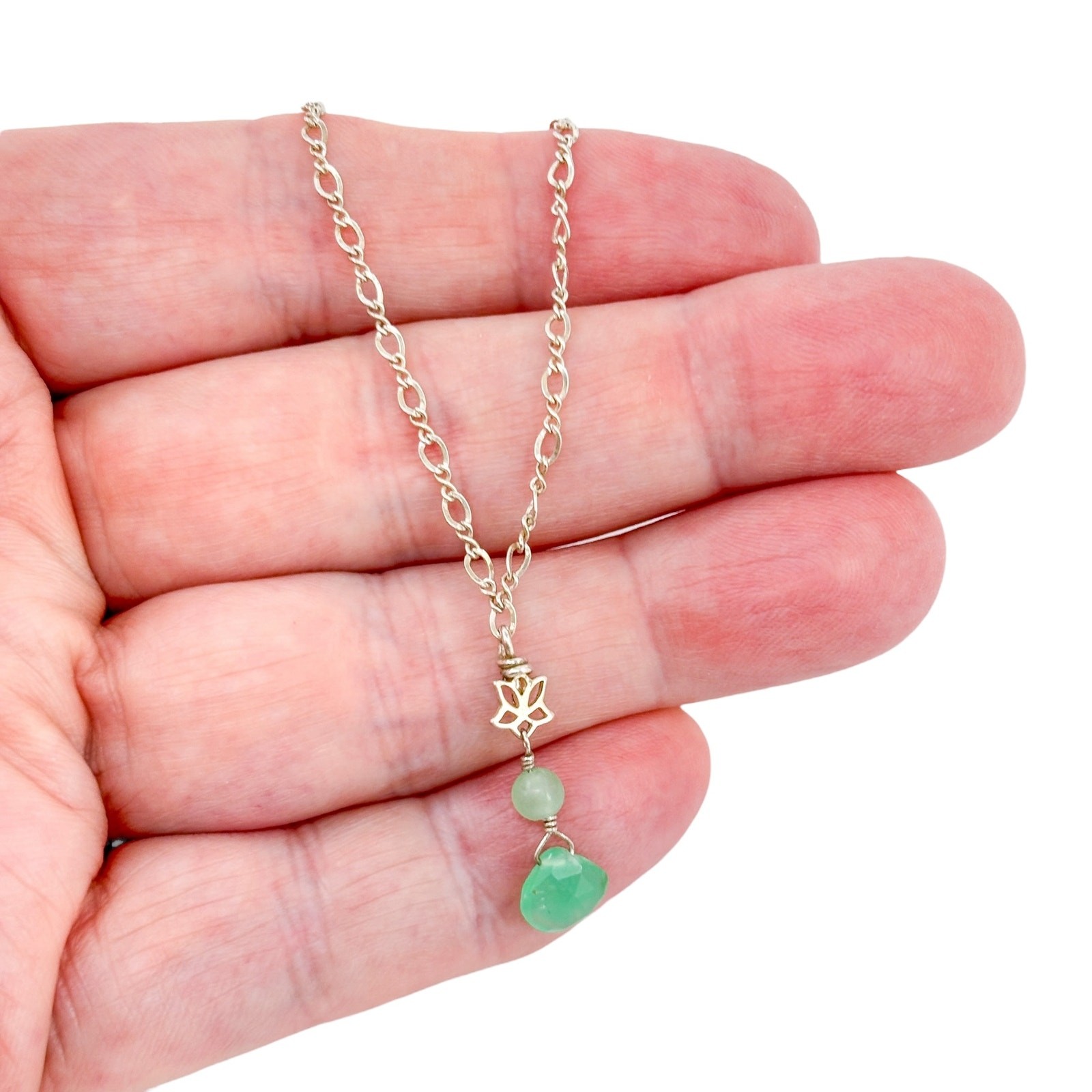 Vintage Silver-Tone Green Glass Double Drop Chain Necklace 18″