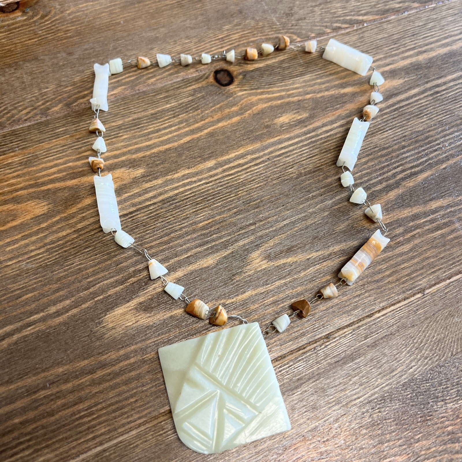 Aztec Hand Carved Stone Necklace Brown White Marble Onyx Alabaster Vintage