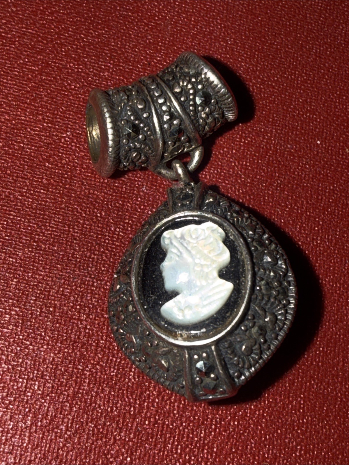 Vintage Mother-of-Pearl Cameo .925 Sterling Silver With Marcasite Accents