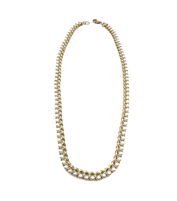 Vintage Gold Tone Faux Pearl Necklace Curb Linked Wire Wrapped 17” Costume GUC