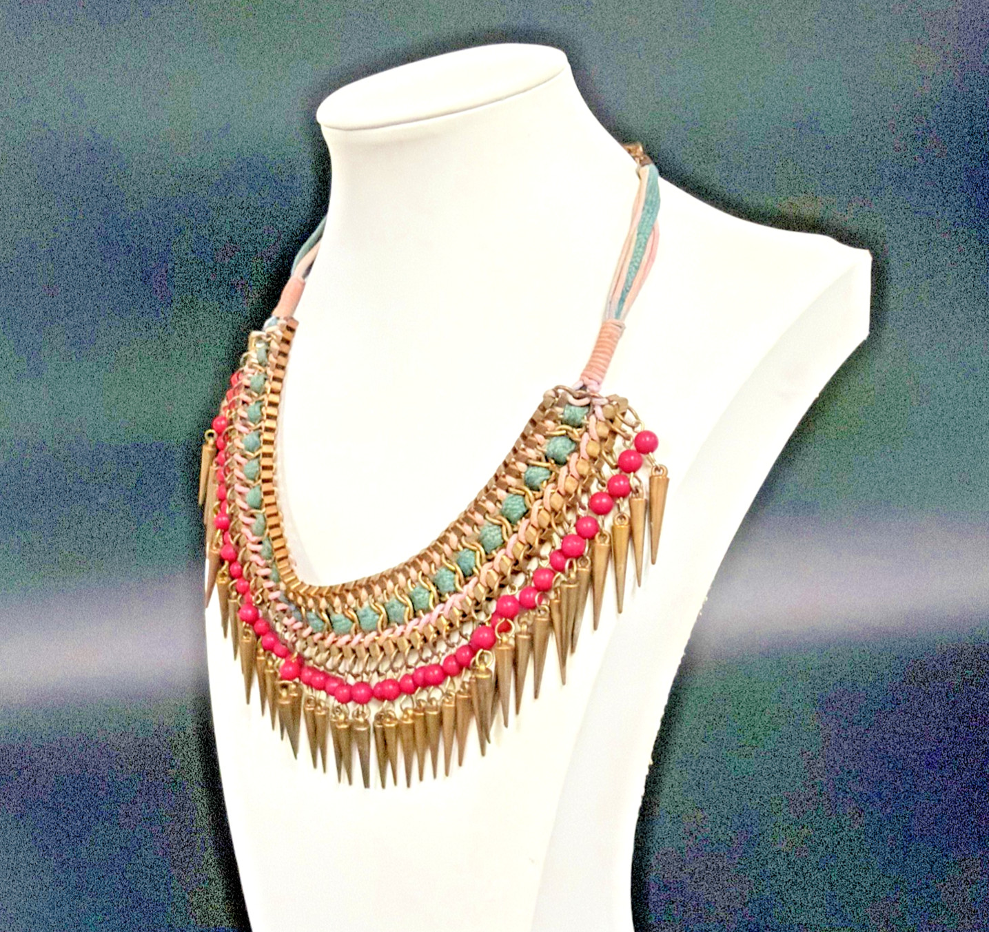 Vtg Egyptian-style Spiked BIB necklace W/ Copper Tone Spikes Pink & Green Beads