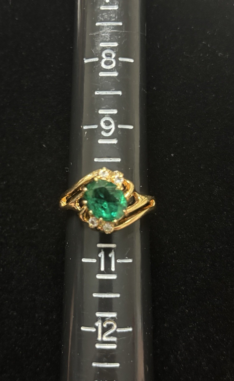 14k Yellow Gold Electroplate Emerald Green Crystal Cocktail Ring Large Size 10