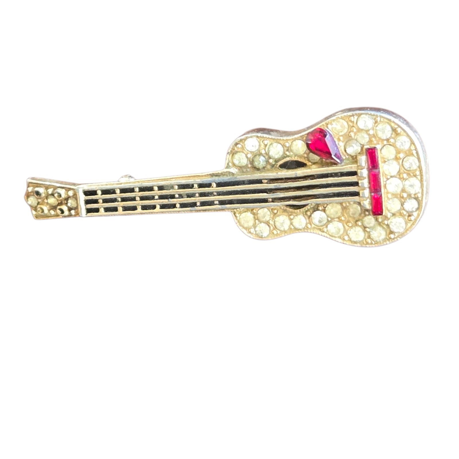 Vtg Ora Gold-plate Rhinestone Guitar Figural Brooch 1940s SIGNED 2″ x 3/4″