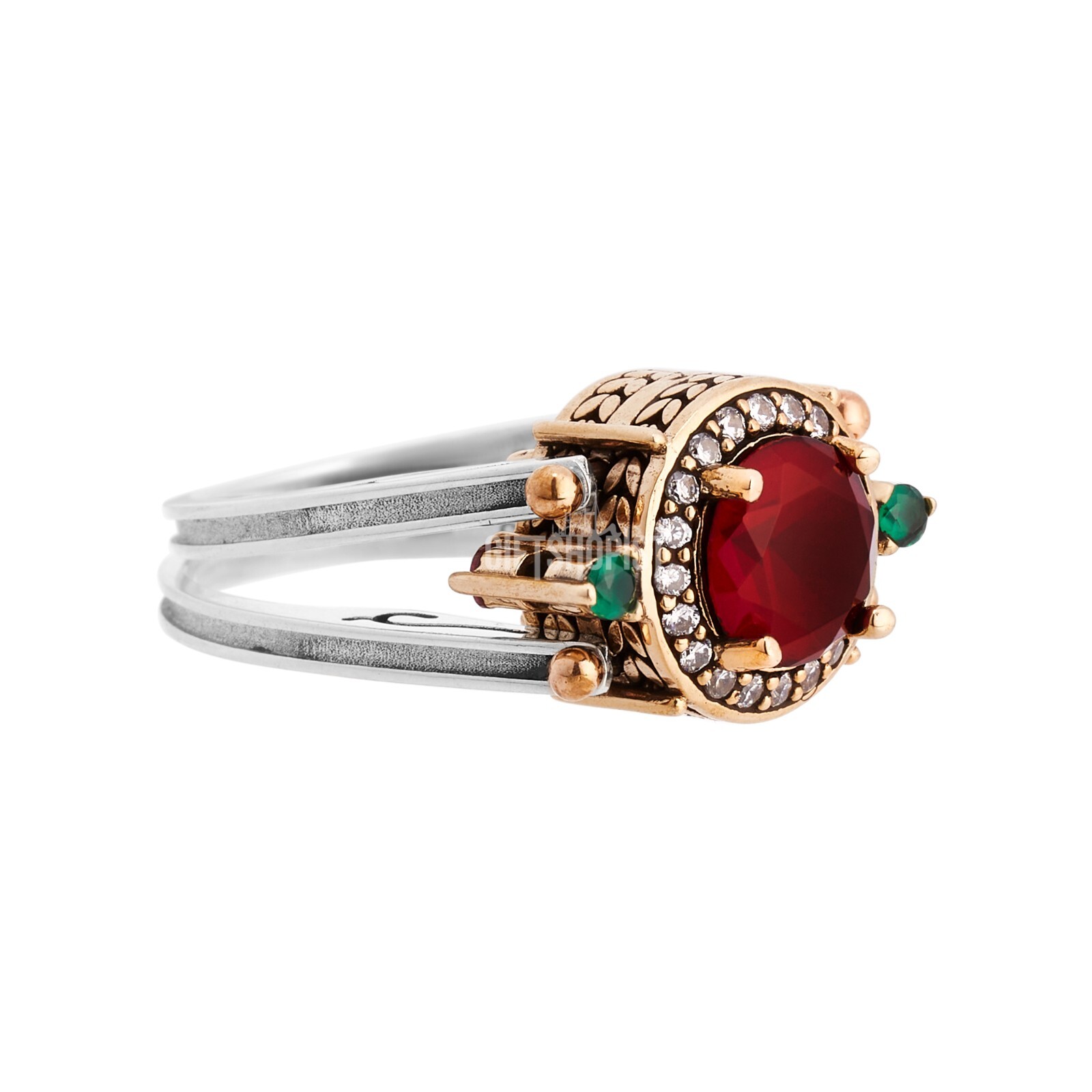 Turkish Reversible Round Emerald and Ruby Topaz 925 Sterling Silver Ring