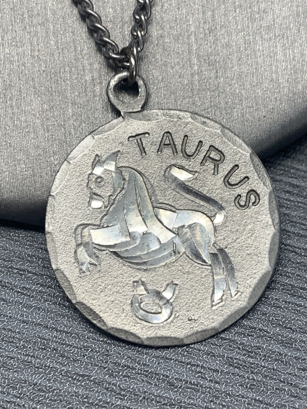 Vintage Pewter BDA Zodiac astrology Taurus Bull Engraved Pendant Necklace 18”