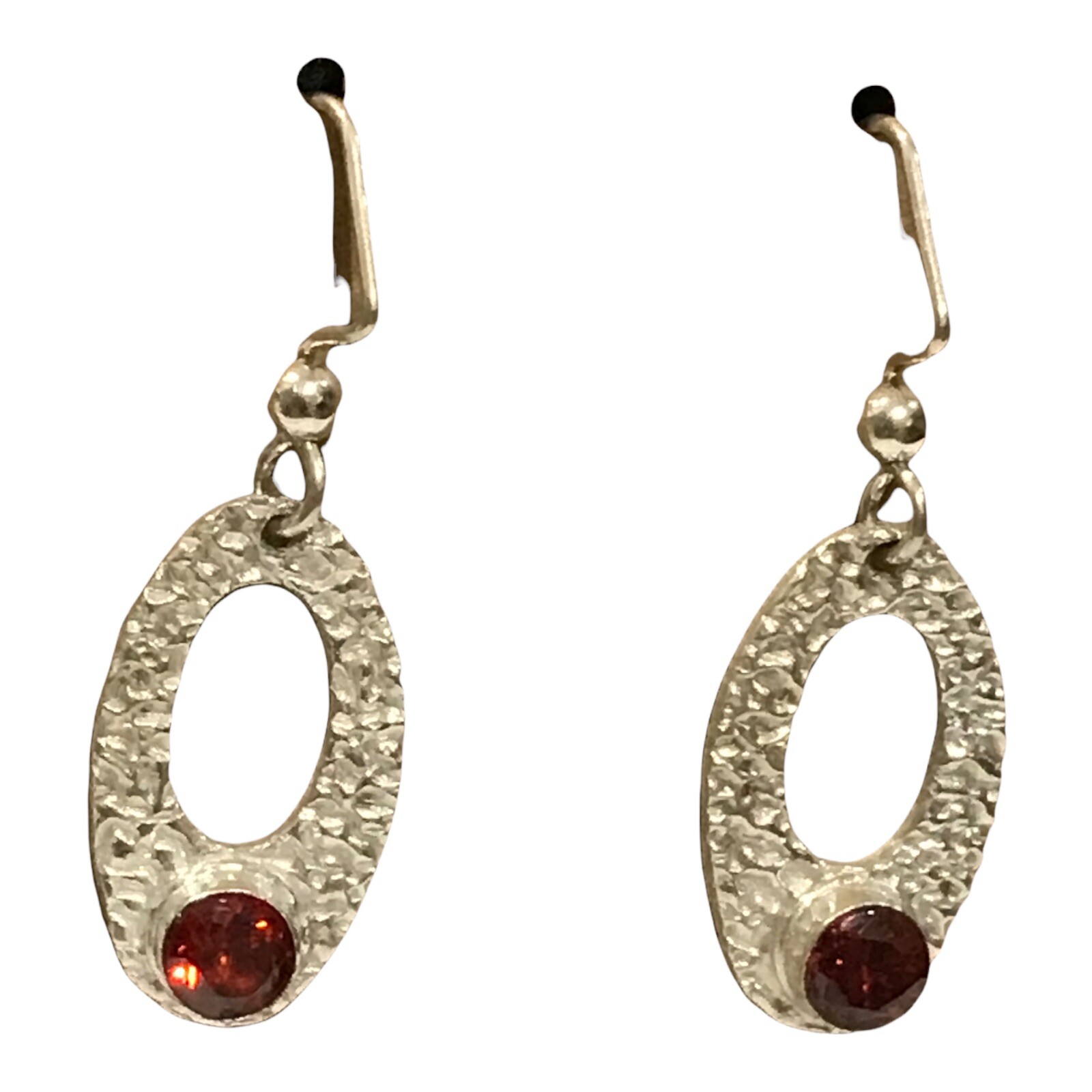 sterling silvet hammered red crystal dangle earrings Not Signed But Tested