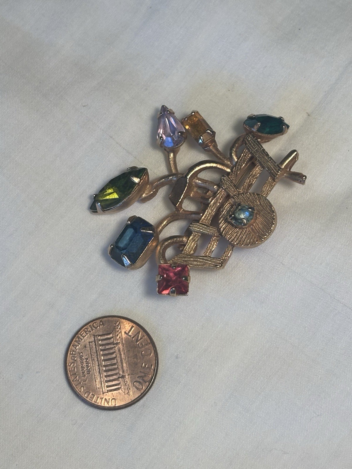 Vintage Jeweled Gold Toned Wheelbarrow Brooch Multicolor Costume