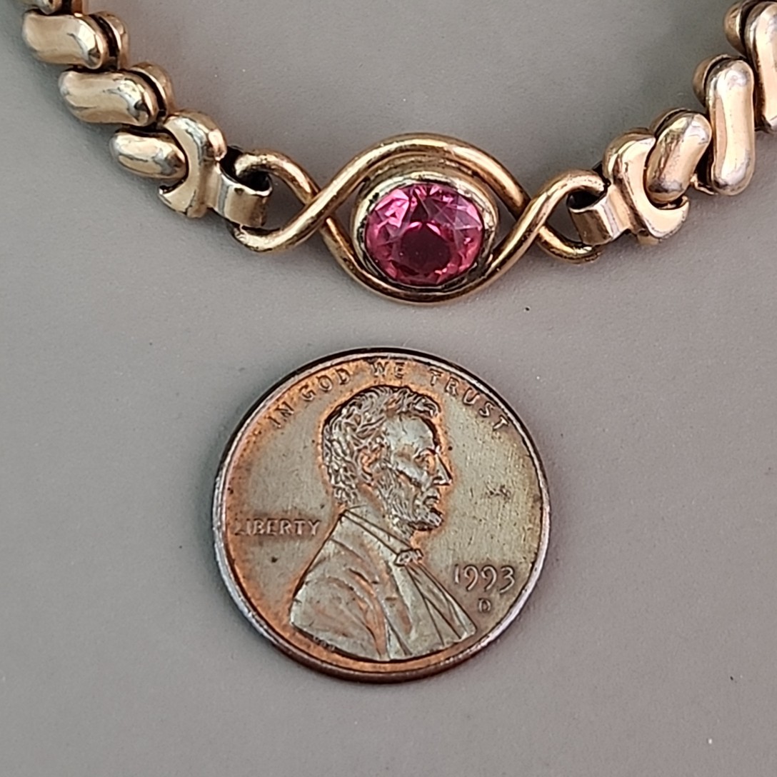 Vintage Sweetheart Expandable Bracelet 12K Gold Filled Pink Rhinestone