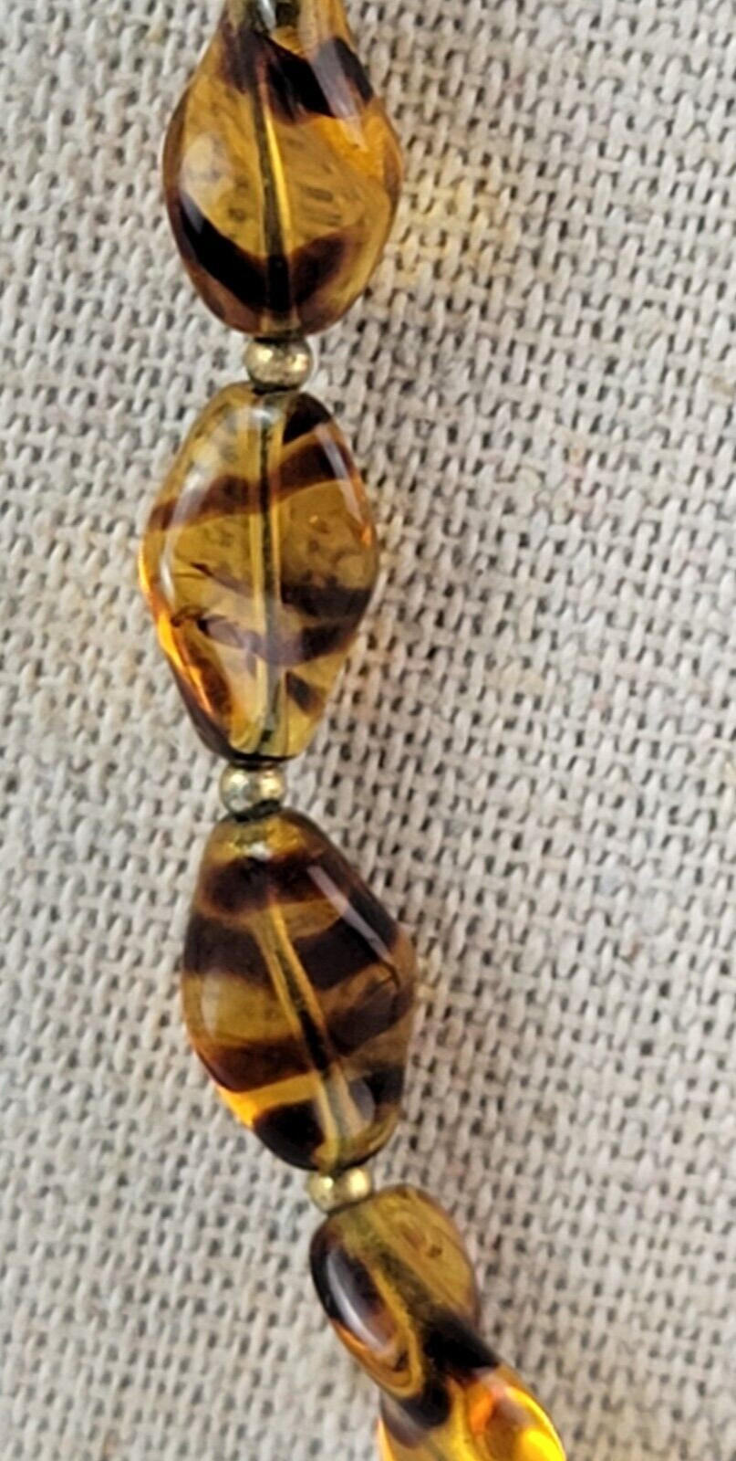 Vintage Faux Honey Amber Glass Beaded Necklace Gold Tone Fold Clasp 30 Inch