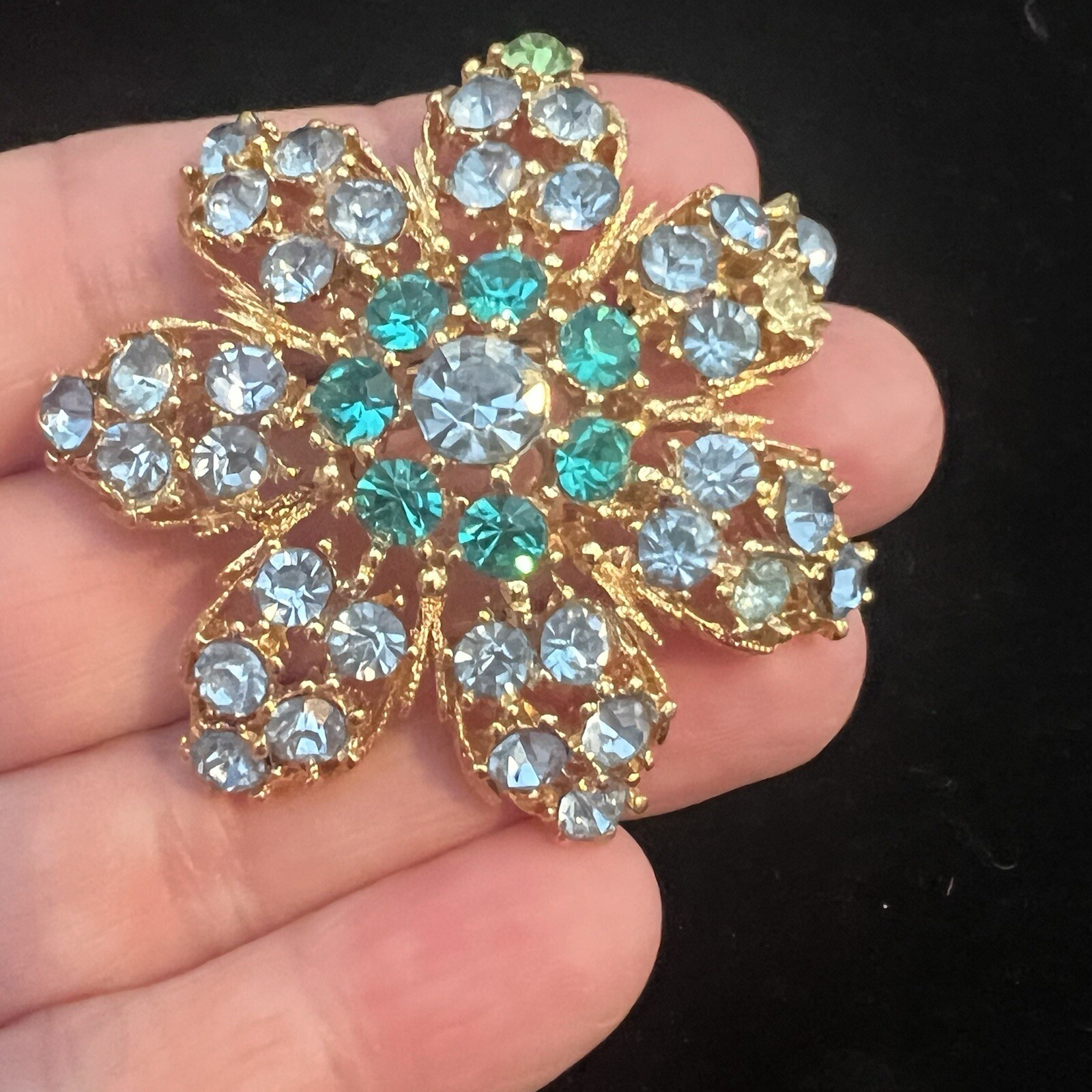 Teal Green And Light Blue Flower Brooch Gold Tone