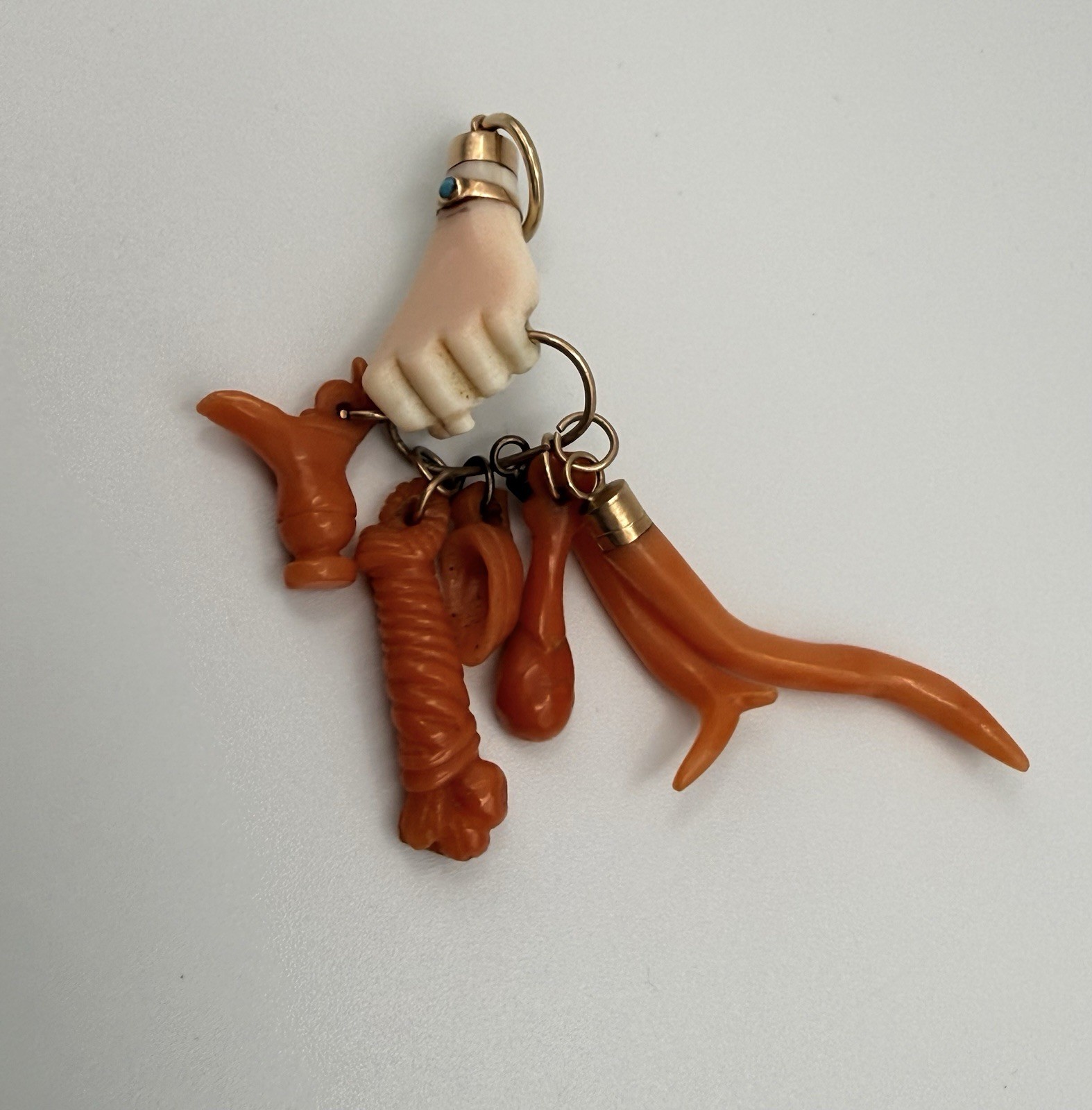 Antique Ca 1830-70s Angle Skin /Orange Coral Hand Figa & Charm Pendant Gold