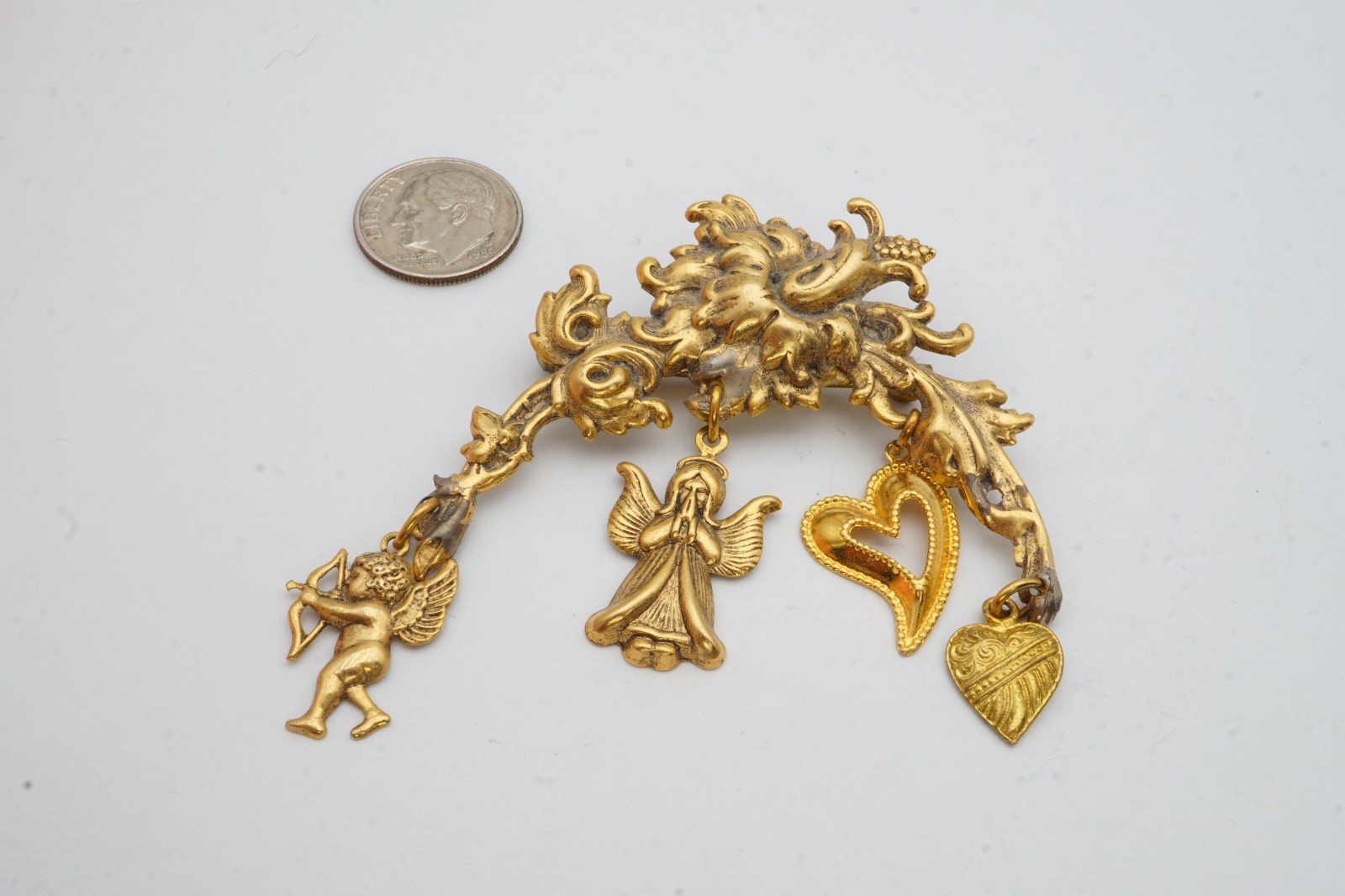 Vintage Brooch Pin Gold Tone Angels Hearts