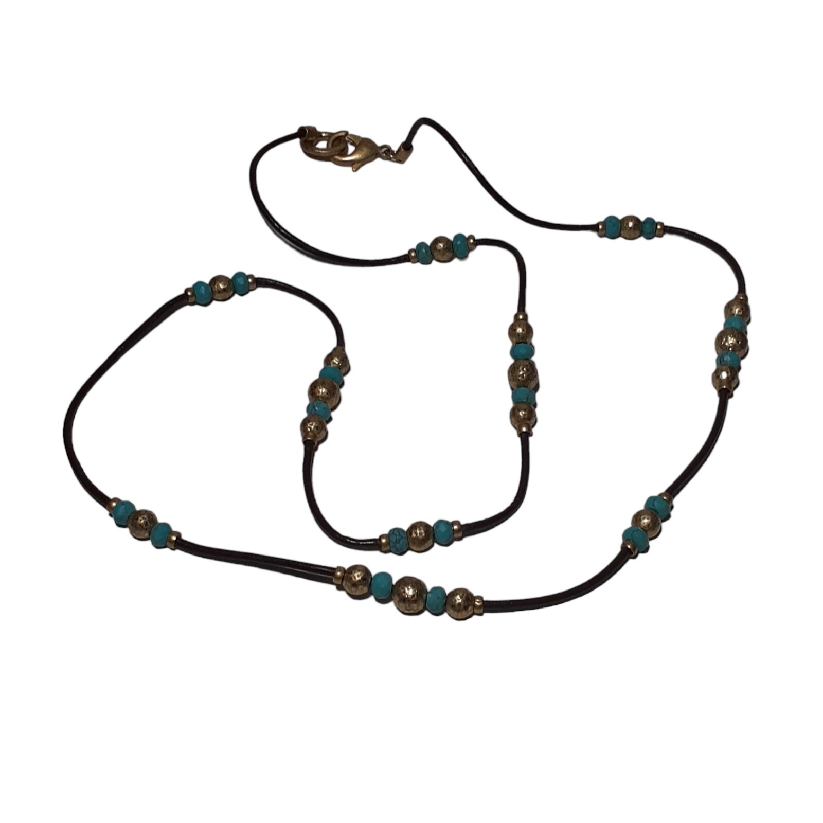 Artisan Leather Cord Necklace Hammered Metal Beads Blue Mixed Materials 32″