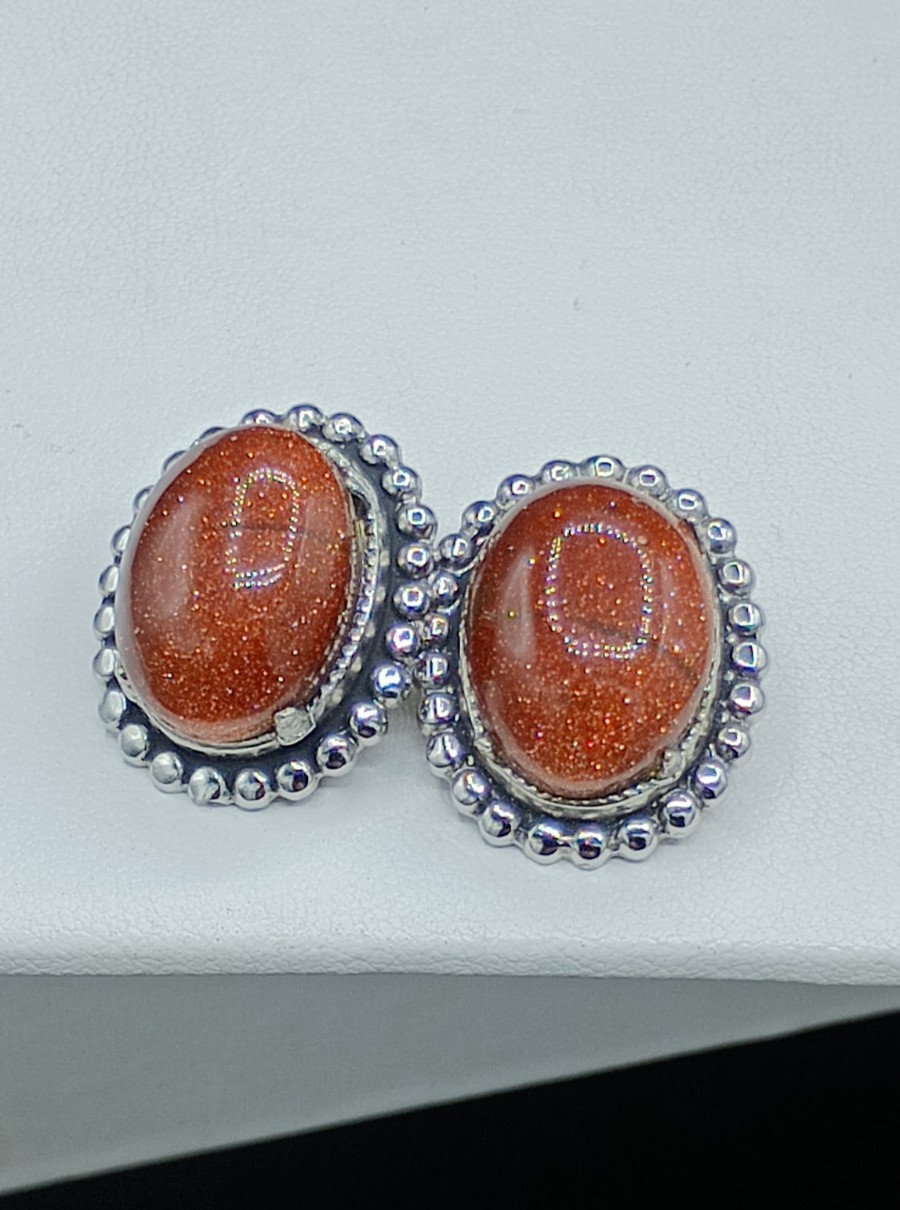 Vintage Goldstone Necklace Clip On Earrings Set Silver Tone