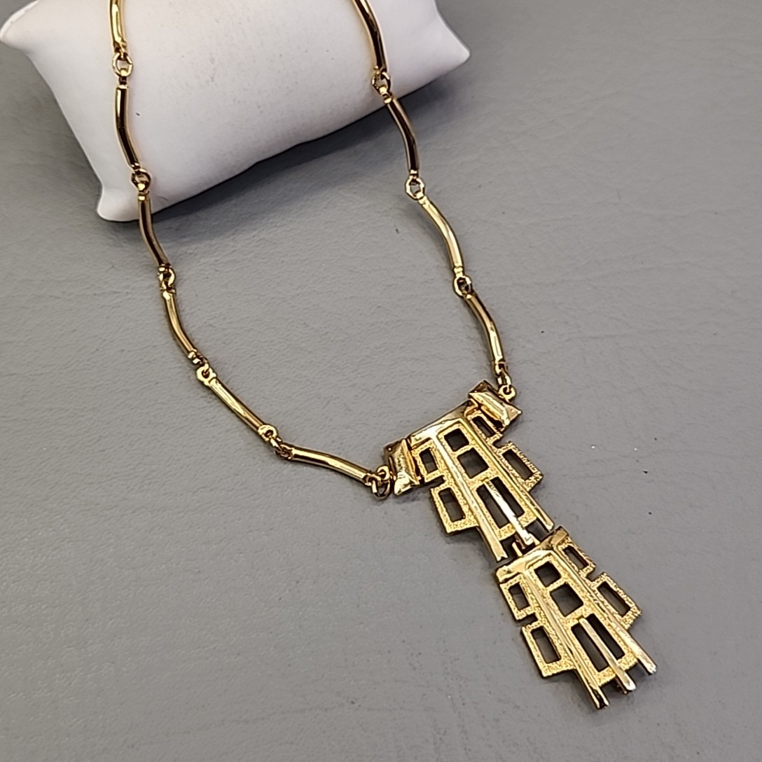 Vintage Modernist Necklace Gold Tone Geometric Dangle Pendant Articulated READ