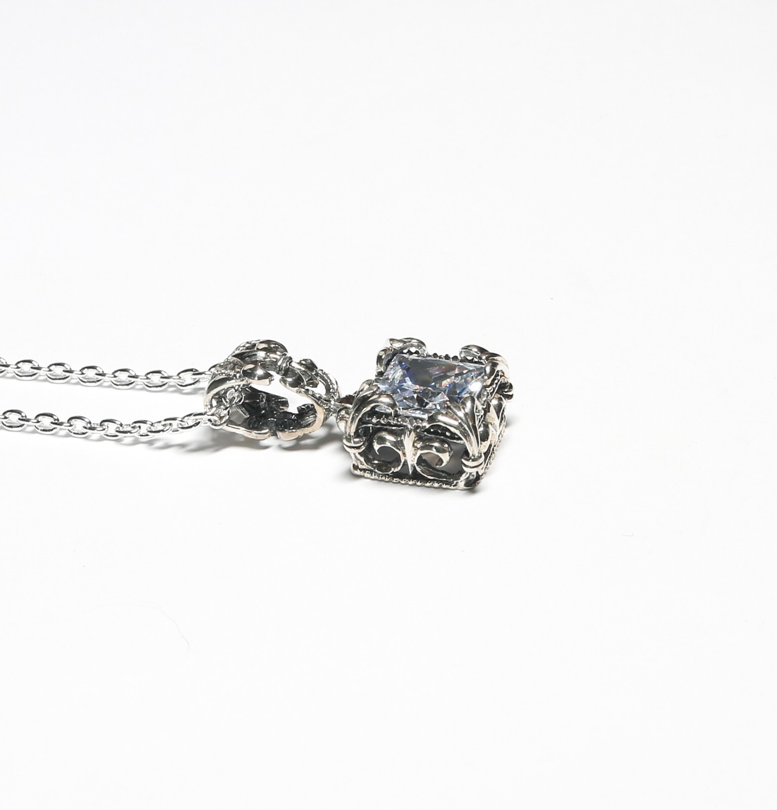 Sterling Silver 5.00ct Square Cut CZ Pendant with 20″ Cable Link Sterling Chain