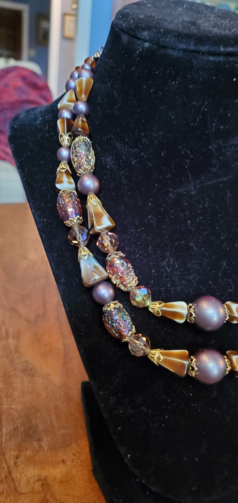Vtg ART Arthur Pepper Double Strand Venetian Purple Crystal Gold Tone Necklace