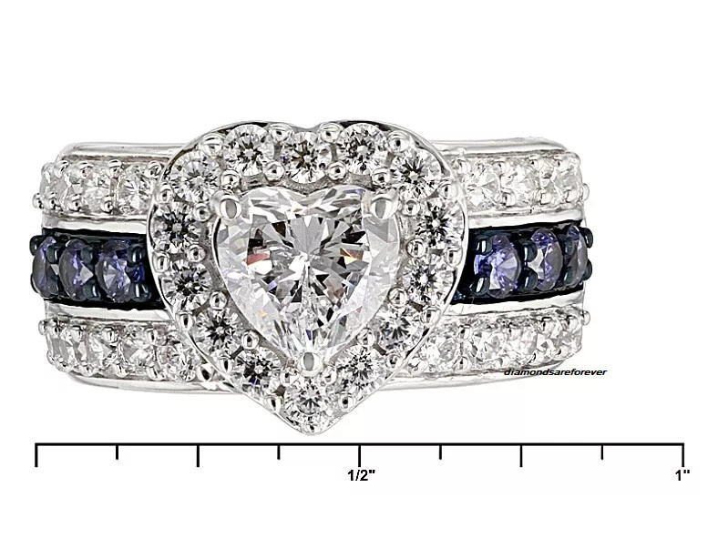 5.22TCW Heart & Round Cut Clear CZ With Blue Sapphire Heart Halo Engagement Ring